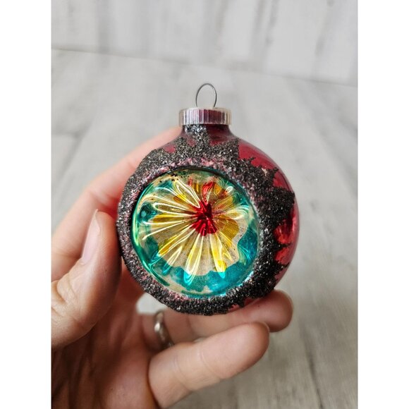 Antique indent red ball mercury reflector ornament West Germany Xmas glitter tre - Picture 2 of 12